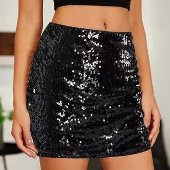 Женская мини-юбка с высокой талией, ультракороткая, облегающая бедра юбка, блестящая, клубная юбка для вечеринки с пайетками S чёрный
