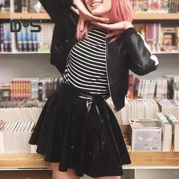 Женская мини-юбка с высокой талией, зеркальная глянцевая поверхность, короткая юбка из искусственной кожи, однотонная юбка-солнце S чёрный