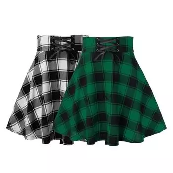 Женская мини-юбка в клетку с эластичным принтом и высокой талией, короткая юбка-солнце трапециевидной формы, весенне-осенняя юбка в стиле хип-хоп для девочек, клубная одежда M чёрный