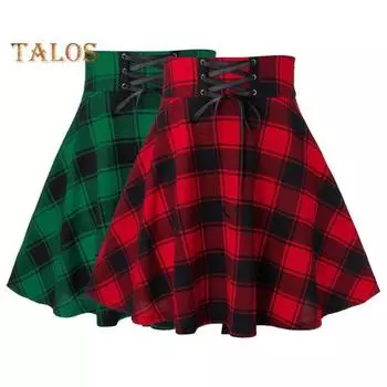 Женская мини-юбка в клетку с эластичным принтом и высокой талией, короткая юбка-солнце трапециевидной формы, весенне-осенняя юбка в стиле хип-хоп для девочек, клубная одежда XL красный