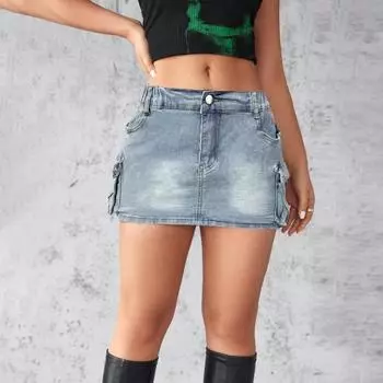 Женская мини-юбка Yousheng, эластичная джинсовая юбка с высокой талией, застежкой-молнией и множеством карманов, однотонная короткая юбка с запахом на бедрах XL чёрный