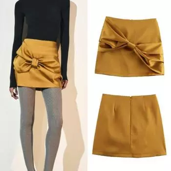 Женская мини-юбка Yousheng из искусственного атласа с высокой талией, короткая юбка с застежкой-молнией сзади, бантом, однотонная юбка S жёлтый