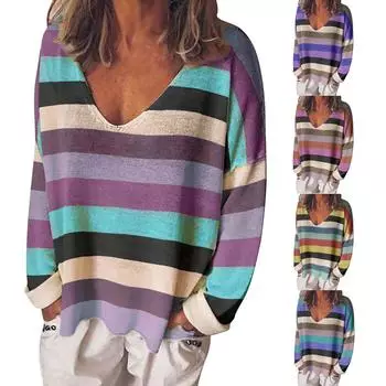 Женская многоцветная вязаная футболка с широким V-образным вырезом в радужную полоску и длинными рукавами L синий