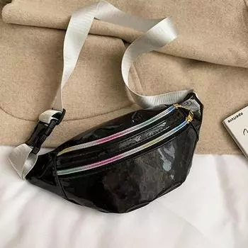 Женская многофункциональная лазерная двойная молния на груди, поясная сумка, модная однотонная сумка через плечо из искусственной кожи 30x8.5x13cm серебряный