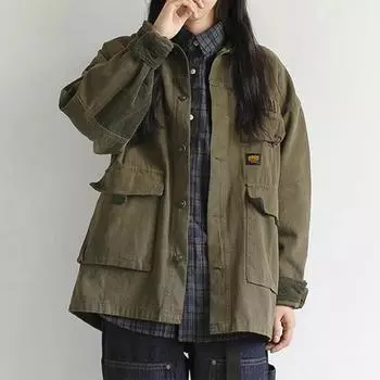 Женская многокарманная куртка-карго весна-осень Американское винтажное тактическое пальто с воротником-лацканом Повседневная модная верхняя одежда XXL чёрный