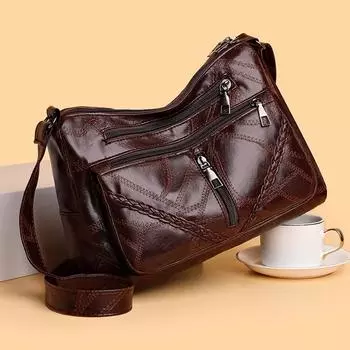 Женская многосекционная сумка из мягкой кожи, сумка для мам среднего возраста, большая вместимость, сумка через плечо с шитьем чёрный