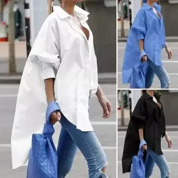 Женская мода 100% хлопок рубашки больших размеров с длинными лацканами и пышными рукавами с неровным подолом рубашки блузки и рубашки S белый