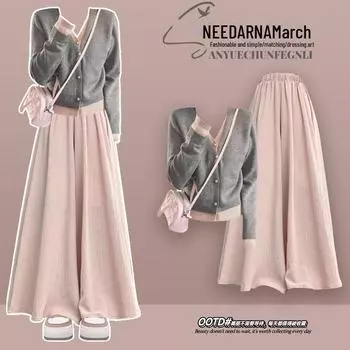 Женская мода 2024 года: Большой размер Осенний искусственный свитер из двух частей с юбкой и брюками M