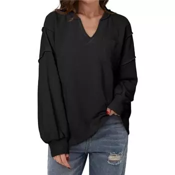 Женская мода 2024 года, трикотажная блузка с длинным рукавом и V-образным вырезом, повседневные пуловеры с карманом M чёрный