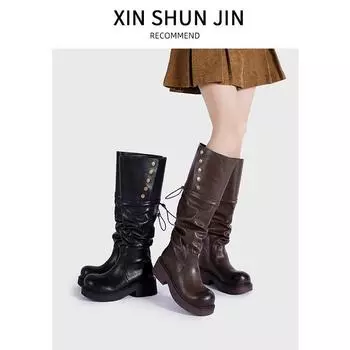 «Женская мода 2024 года»: Универсальные плиссированные ботинки на платформе — европейский и американский уличный стиль с толстой наборной подошвой. 36 коричневый