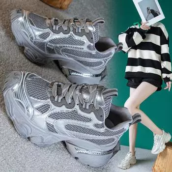 Женская мода 2024 года, увеличивающая рост, дышащая сетчатая обувь для пап: Универсальная повседневная спортивная обувь с мягкой толстой подошвой 37
