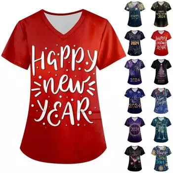 Женская мода 2024, новогодние топы с принтом и короткими рукавами и V-образным вырезом, рабочие футболки с карманами L чёрный