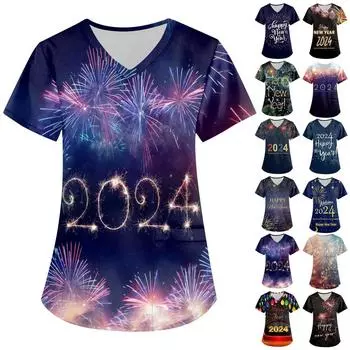 Женская мода 2024, новогодние топы с принтом и короткими рукавами и V-образным вырезом, рабочие футболки с карманами XXL чёрный