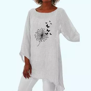Женская мода 3/4 длинный рукав рубашка женская весна лето повседневный принт тонкий топ пуловер круглый вырез свободная рубашка S белый