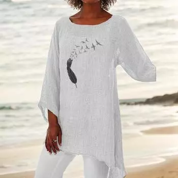 Женская мода 3/4 рукав топ круглый вырез принт блузка больших размеров тонкая хлопковая льняная рубашка S белый