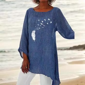 Женская мода 3/4 рукав топ круглый вырез принт блузка женская тонкая хлопковая льняная рубашка S белый