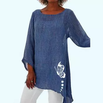 Женская мода 3/4 с длинным рукавом, длинная рубашка, женская весна-лето, повседневная рубашка с тонким верхом и принтом, свободная рубашка с круглым вырезом S белый