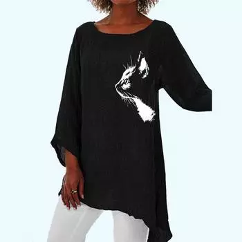 Женская мода 3/4 с длинным рукавом, длинная рубашка, женская весна-лето, повседневная рубашка с тонким верхом и принтом, свободная рубашка с круглым вырезом S белый