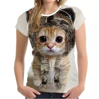Женская мода 3D Cat Print Повседневная футболка Летние футболки с коротким рукавом