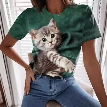 Женская мода 3D принтованная футболка Cute Cat Series круглый вырез женский топ S