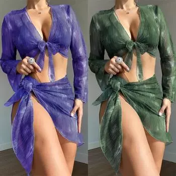 Женская мода 4 в 1 купальник полупрозрачный сексуальный женский костюм бикини женская пляжная юбка на шнуровке с длинными рукавами бикини костюм S зелёный