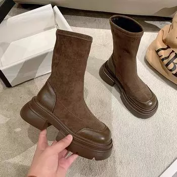 Женская мода эластичные ботильоны на платформе в стиле пэчворк женские осенние ботинки на толстой подошве без застежек женские ботинки на толстом каблуке Botas Mujer 35