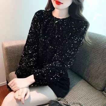 Женская мода элегантные футболки с пайетками осень зима повседневные черные свободные свитера с круглым вырезом топы с длинным рукавом S чёрный