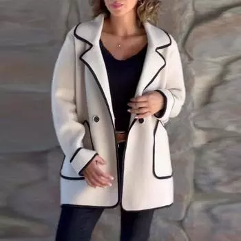 Женская мода элегантные лацканы однотонные шерстяные пальто осень зима свободные большие карманы куртка стильные пальто средней длины S чёрный