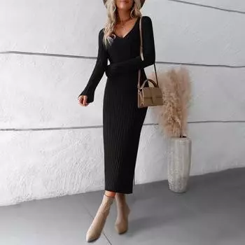 Женская мода элегантный однотонный V-образный вырез длинный рукав сексуальный свитер длинное платье для женщин L чёрный