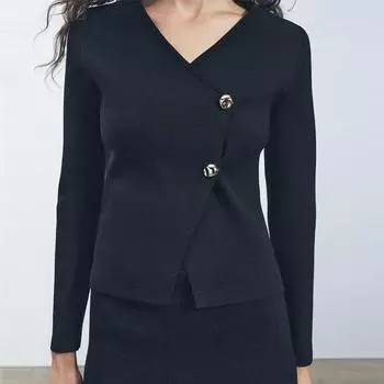 Женская мода элегантный сплошной V-образный вырез вязаный кардиган осень сращивание однобортный утягивающий свитер пальто S чёрный