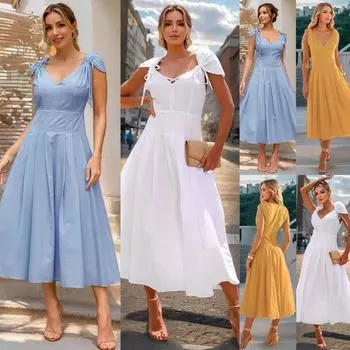 Женская мода элегантный темперамент V-образный вырез галстук А-силуэт однотонные платья M
