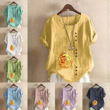 Женская мода Antelope Printed с круглым вырезом и коротким рукавом футболка повседневная хлопковая льняная рубашка с рисунком свободная летняя блузка топы S розовый