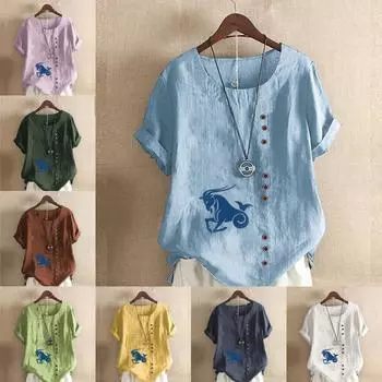 Женская мода Antelope Printed с круглым вырезом и коротким рукавом футболка повседневная хлопковая льняная рубашка с рисунком свободная летняя блузка топы S розовый