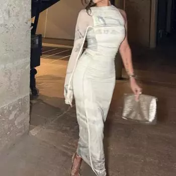 Женская мода асимметричное платье из тюля с принтом винтажное одно плечо полупрозрачные платья миди с застежкой-молнией сзади женские платья Vestidos Mujer S