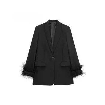 Женская мода атласный черный с перьями пиджак пиджак винтажный вырез на одной пуговице длинные рукава женские наряды XS чёрный