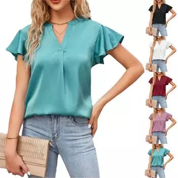 Женская мода атласный повседневный свободный однотонный топ с v-образным вырезом и рюшами на рукавах S розовый