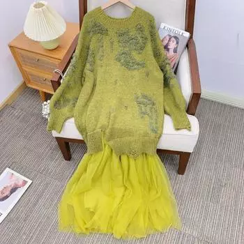 Женская мода атмосфера свитер, газовая юбка плиссированное платье S зелёный