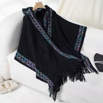 Женская мода этнический стиль вязаный капюшон с бахромой накидка свитер шаль One Size чёрный