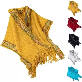 Женская мода этнический стиль вязаный капюшон с бахромой накидка свитер шаль One Size красный