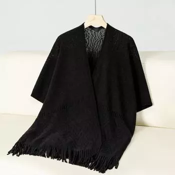 Женская мода ажурная вязка бахрома накидка шаль повседневный свободный свитер One Size чёрный