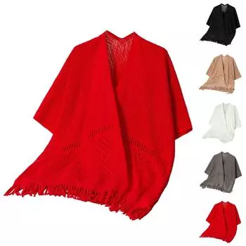 Женская мода ажурная вязка бахрома накидка шаль повседневный свободный свитер One Size чёрный
