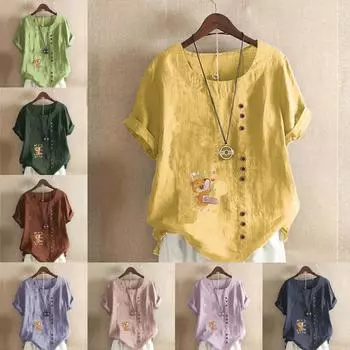 Женская мода Bear Hugging L Printed с круглым вырезом и коротким рукавом футболка повседневная хлопковая льняная рубашка с рисунком для отдыха свободная летняя блузка топы S розовый