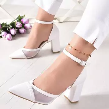 Женская мода Белая сетчатая обувь на толстом каблуке Классическая обувь на каблуке