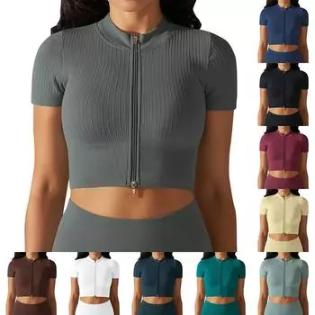 Женская мода, бесшовный трикотаж, плотный дышащий сексуальный удобный повседневный спортивный топ для бега и фитнеса для йоги с застежкой-молнией L чёрный