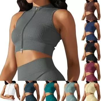 Женская мода, бесшовный трикотаж, плотный дышащий сексуальный удобный повседневный спортивный топ для бега и фитнеса для йоги с застежкой-молнией L чёрный