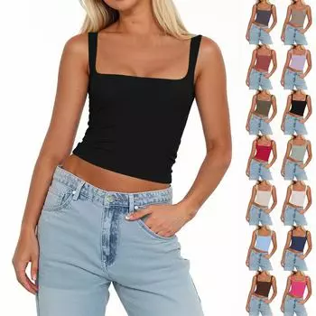 Женская мода без рукавов квадратный вырез сексуальный тонкий жилет однотонный пуловер топ L армия зеленый