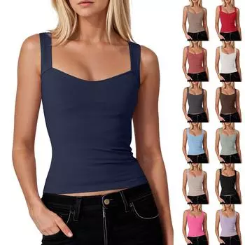 Женская мода без рукавов квадратный вырез сексуальный тонкий жилет однотонный пуловер топ L чёрный