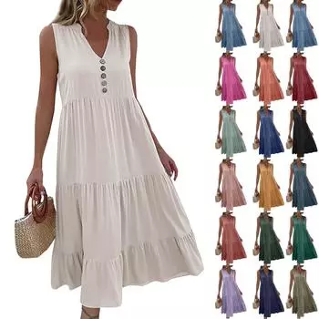 Женская мода без рукавов плиссированные свободные однотонные платья средней длины с v-образным вырезом L