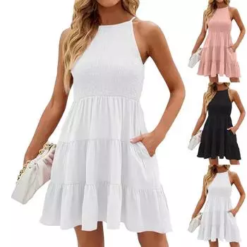 Женская мода без рукавов погоны сплошной цвет подол с карманами повседневные платья XXXL розовый