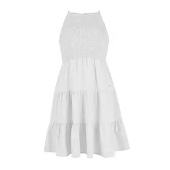 Женская мода без рукавов погоны сплошной цвет подол с карманами повседневные платья S белый